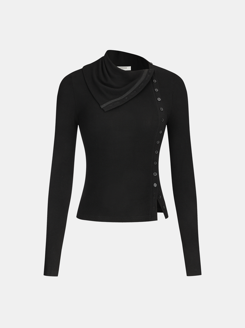 Side Button Asymmetric Lapel Ribbed Knit Top
