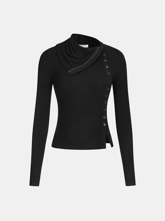 Side Button Asymmetric Lapel Ribbed Knit Top