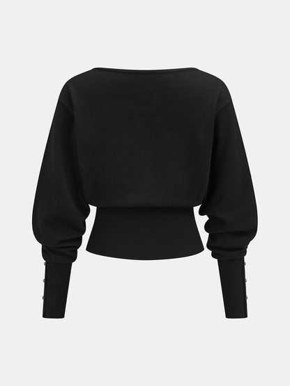 Wool Blend Buttoned Balloon Sleeve Cardigan