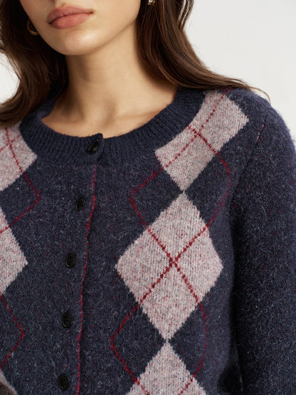 Argyle Jacquard Wool Blend Cardigan