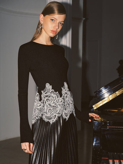 Contrast Lace Hem Knit Top