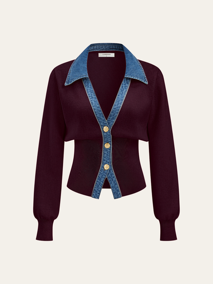 Denim Collar Metal Button V-Neck Knit Top