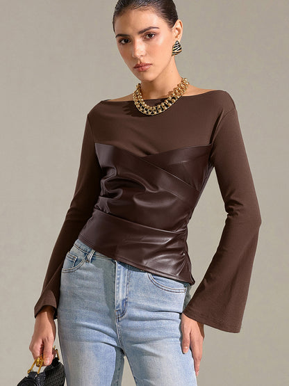 Flared Sleeve Faux Leather Panel Knit Top