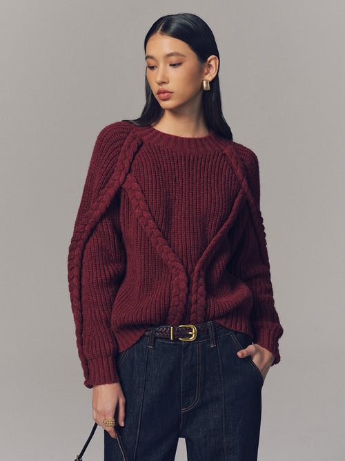 Crew Neck Twisted Cable-Knit Sweater