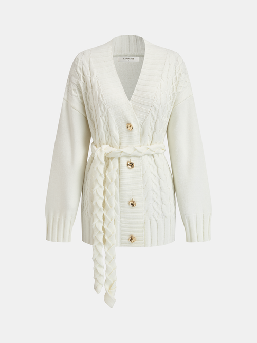 Belted Cable-Knit Cardigan with Metal Button Detail