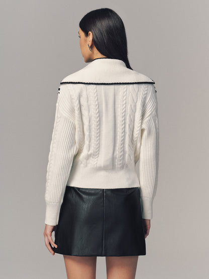 Contrast Trim Cable Knit Zip-Up Cardigan