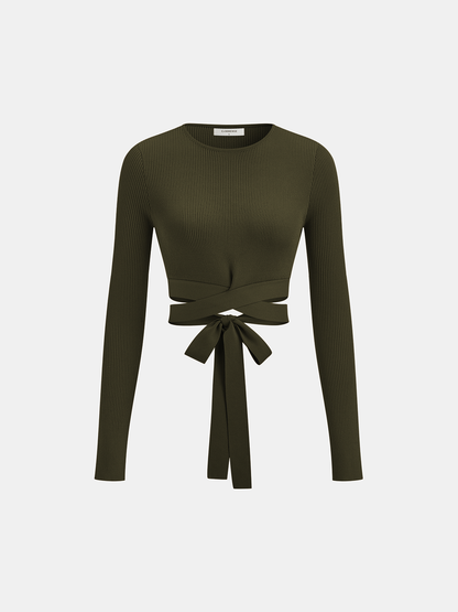 Ribbed Long Sleeve Tie-Back Top