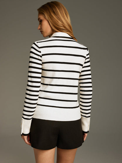 Wool-Blend Striped Knot-Collar Knit Top