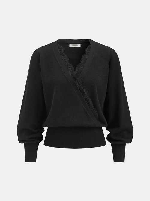 Lace-Trimmed Wrap V-Neck Knit Top