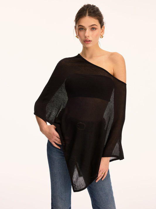 Off Shoulder Sheer Asymmetric Knit Sweater