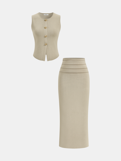 Sleeveless Knit Vest & Midi Skirt Set