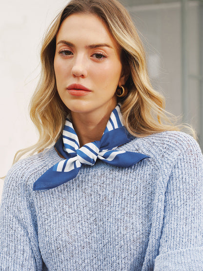 Open Knit Short Sleeve Sweater with Striped Scarf