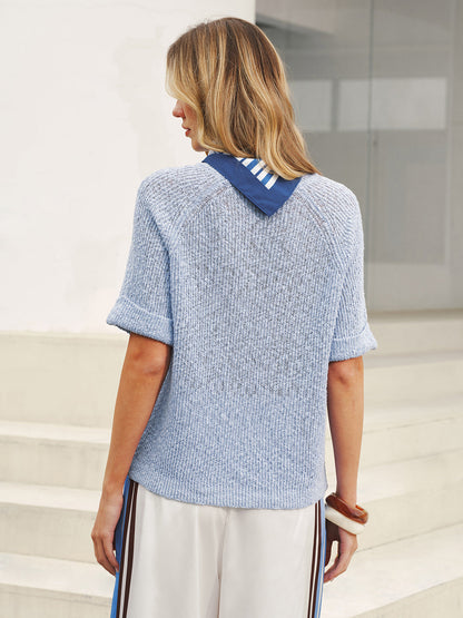 Open Knit Short Sleeve Sweater with Striped Scarf