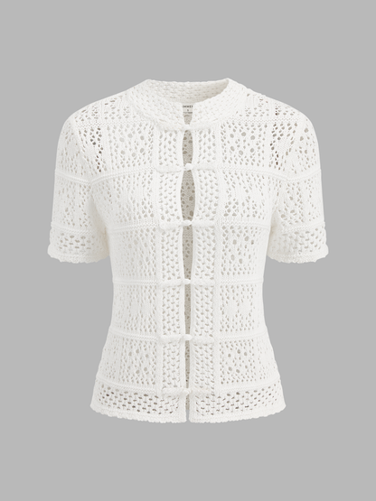 Frog Button Crochet Knit Short Sleeve Top