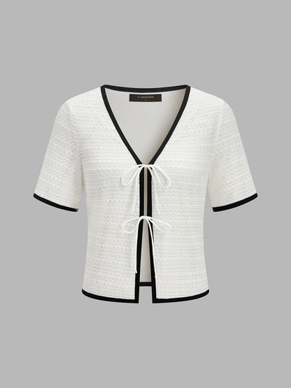 Knitted Contrast Binding Tie Front Top & Shorts Set