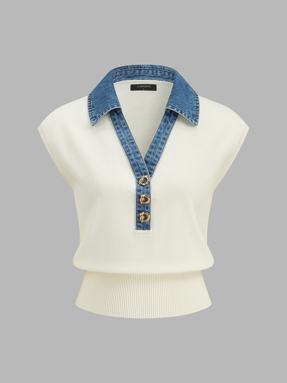 Cinched-Waist Denim-Collar Knit Vest