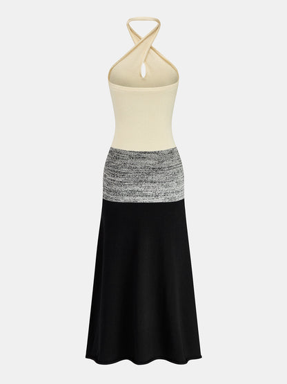 Color Block Halter Knit Midi Dress