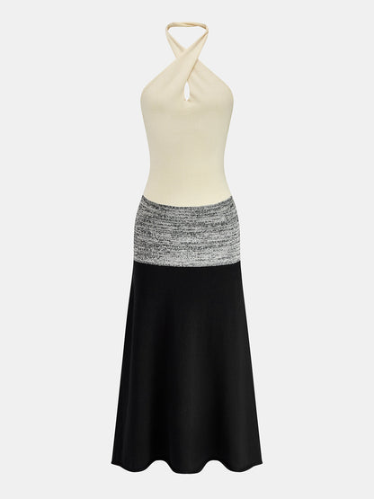 Color Block Halter Knit Midi Dress