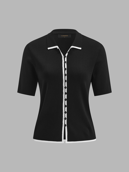 Contrast Trim Collared Short Sleeve Knit Top
