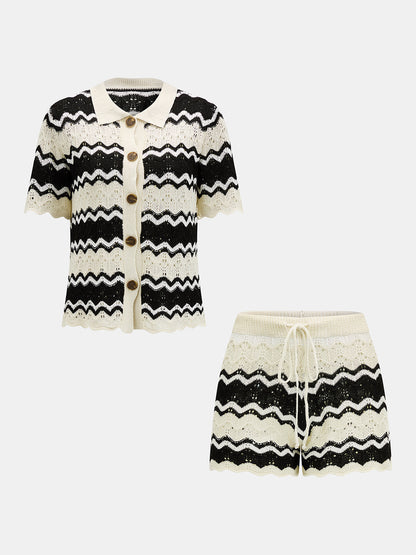 Wave Knit Button-Up Cardigan & Shorts Set