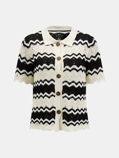 Wave Knit Button-Up Cardigan & Shorts Set