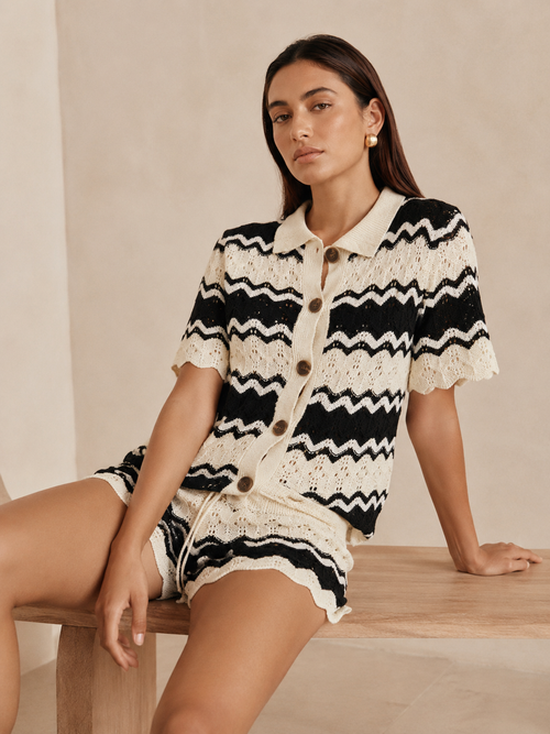 Wave Knit Button-Up Cardigan & Shorts Set
