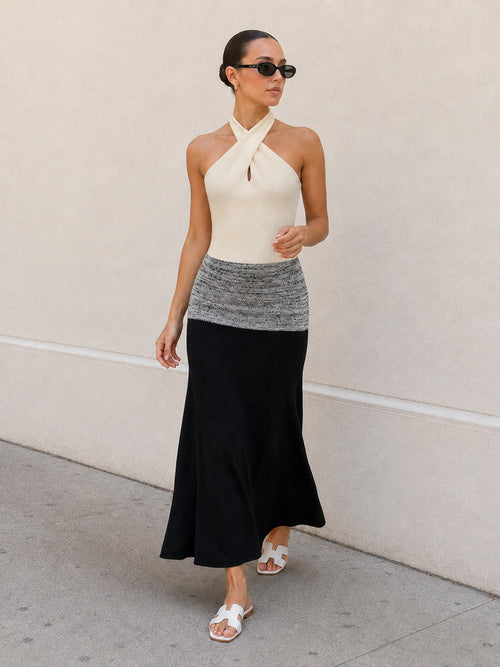 Color Block Halter Knit Midi Dress