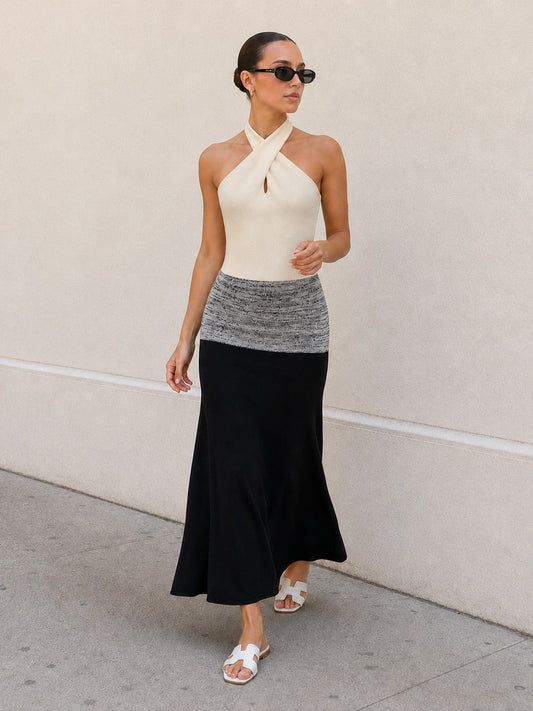 Color Block Halter Knit Midi Dress