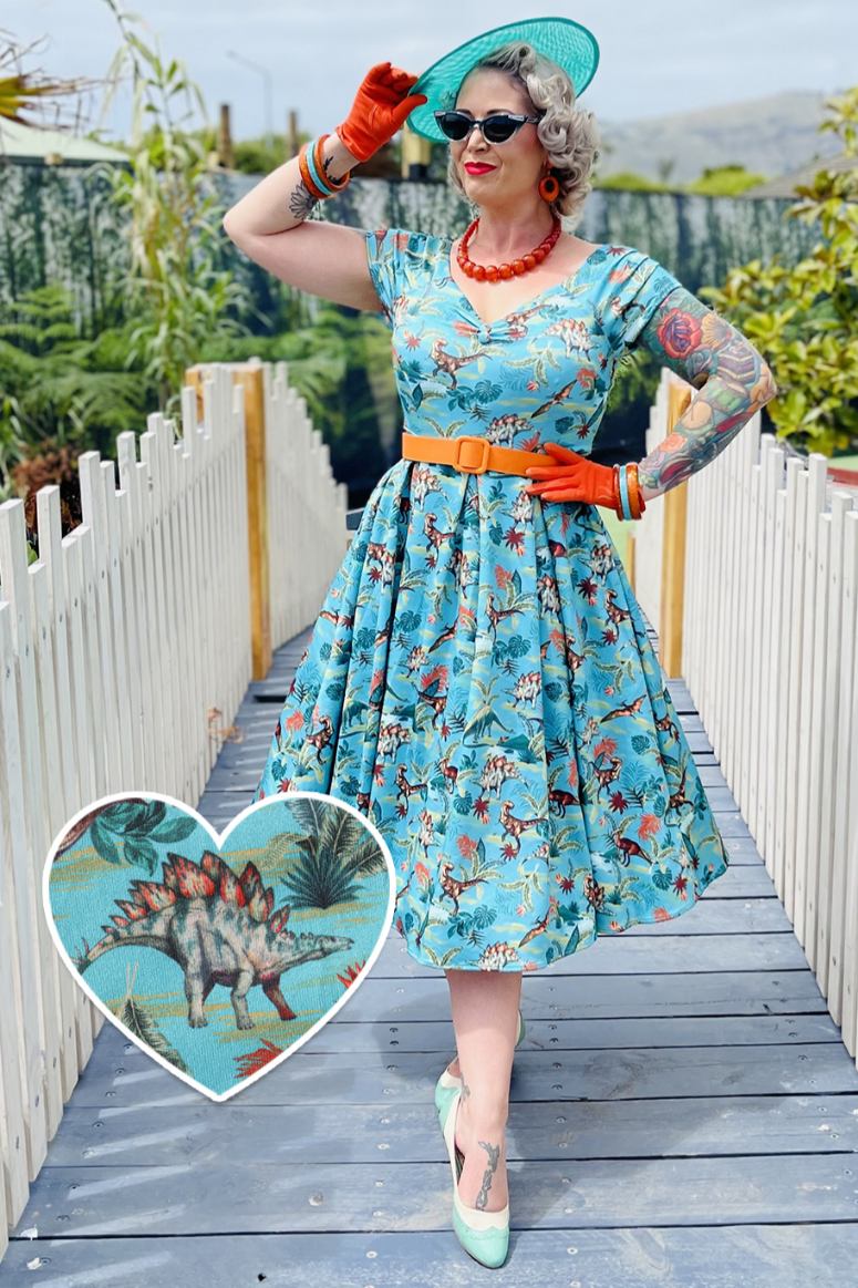 Lily Green Forest Dinosaur Off Shoulder Dress