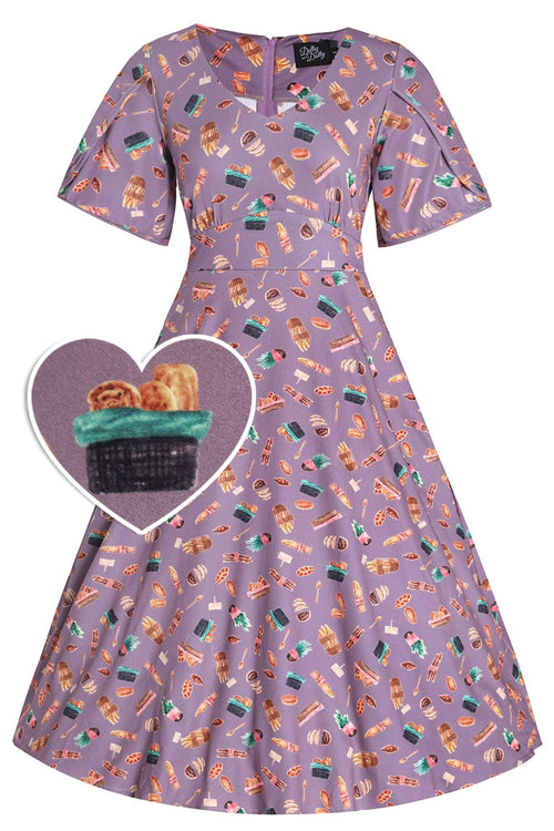 Janice Tea Dress In Purple Pastry Print