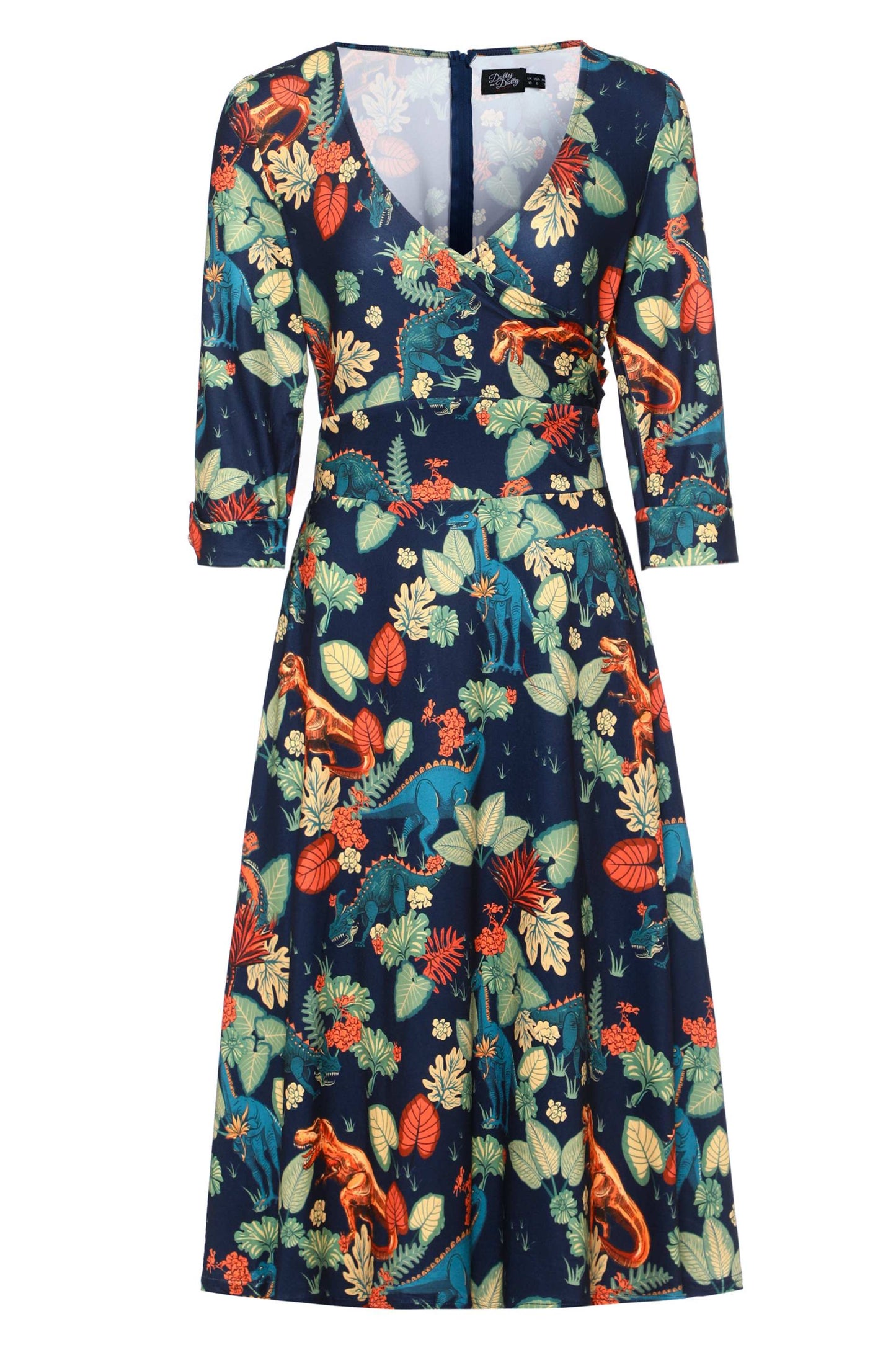 Katherine Long Sleeved Dress in Tropical Leaves/Dinosaurs