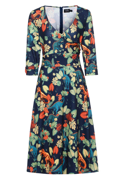 Katherine Long Sleeved Dress in Tropical Leaves/Dinosaurs
