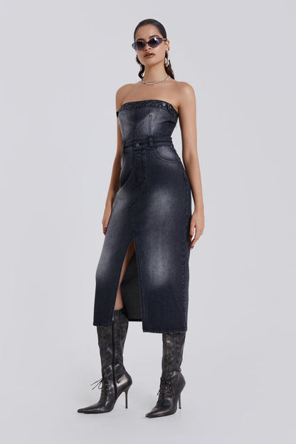 Liberty 2 In 1 Detachable Denim Black Midi Dress