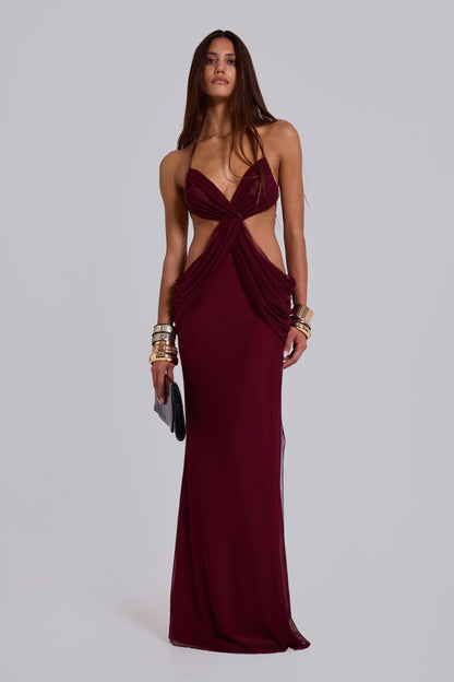 Hesperia Draped Maxi Dress in Burgundy