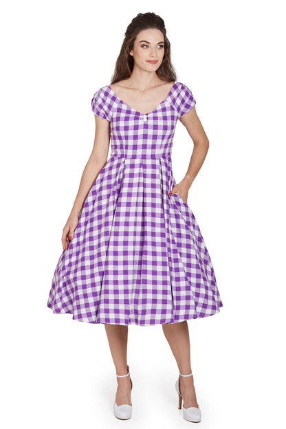Lily Off Shoulder Purple Gingham Dress