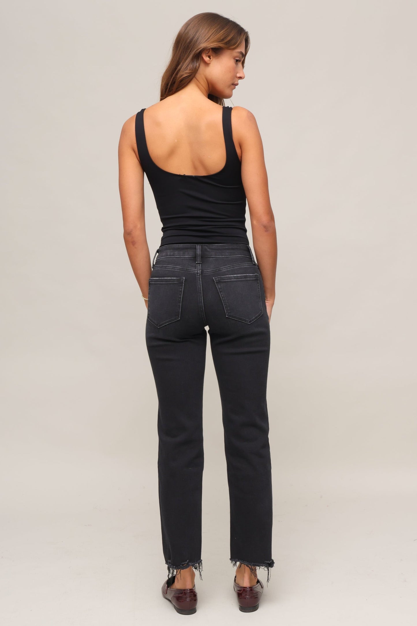 Mid Rise Raw Hem Ankle Straight