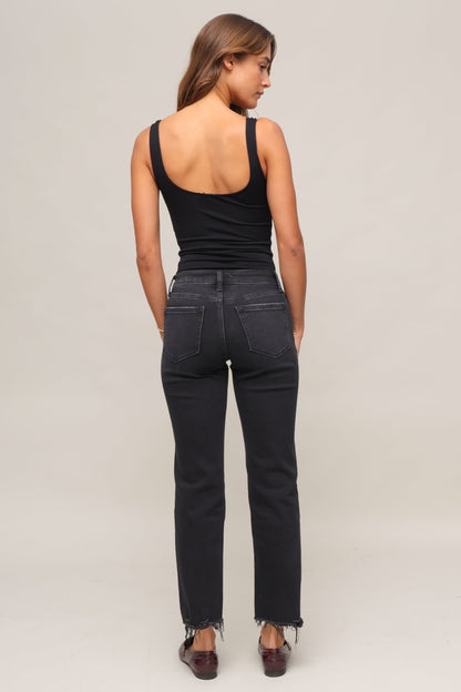 Mid Rise Raw Hem Ankle Straight