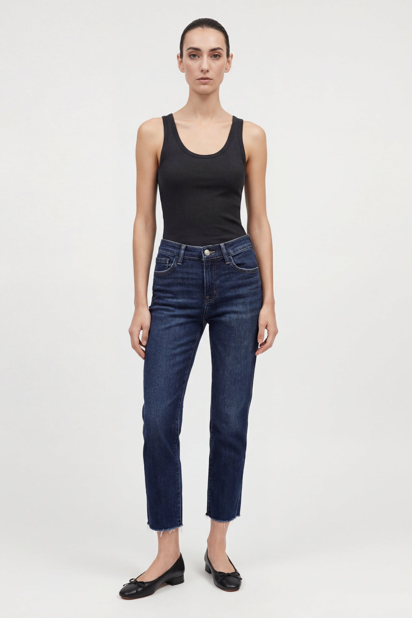 Mid Rise Raw Hem Ankle Straight
