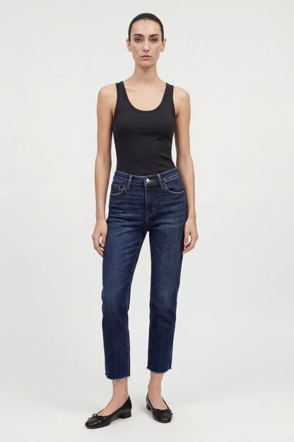 Mid Rise Raw Hem Ankle Straight