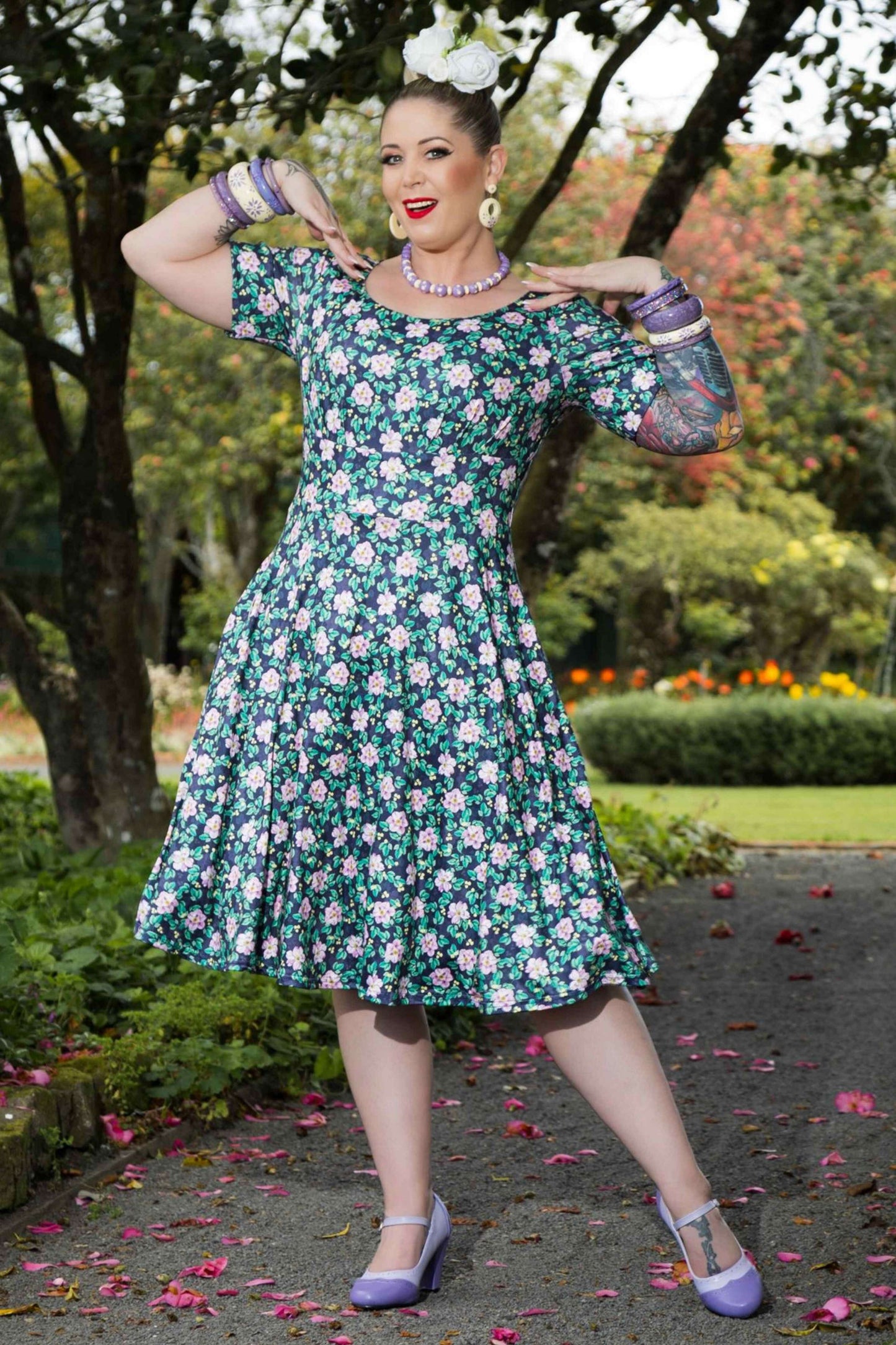 Brenda Black/Purple Floral Flared Day Dress
