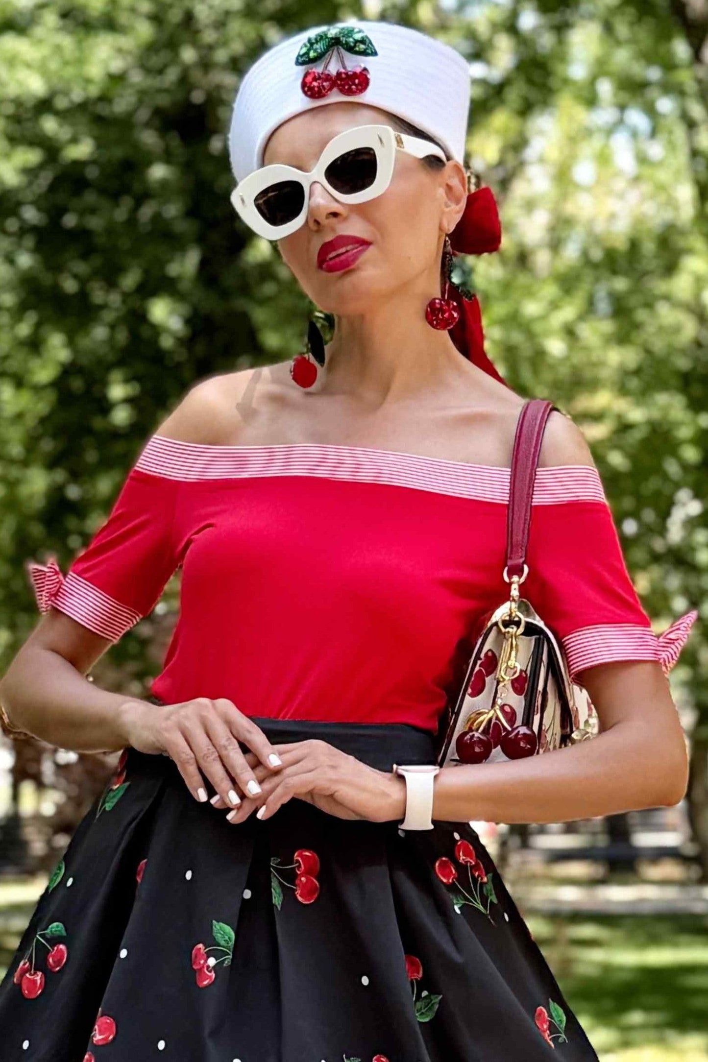 Layla Off Shoulder Red Striped Trim Top