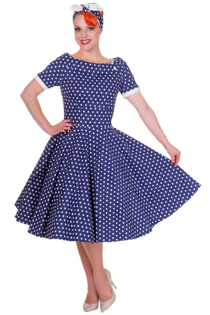 Darlene Retro Polka Dot Swing Dress in Dark Blue