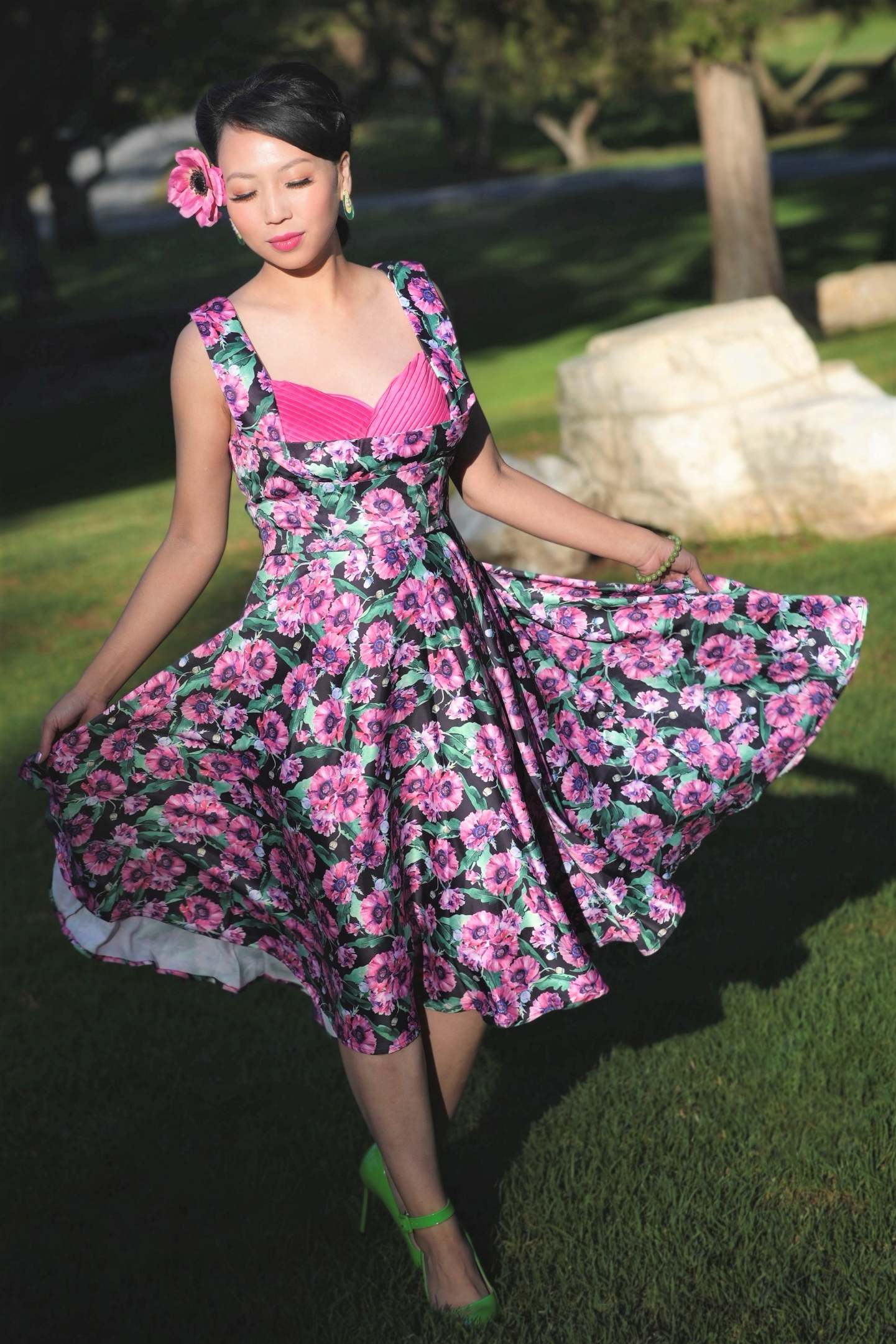 Grace Purple Poppy Pleated Bust Dress