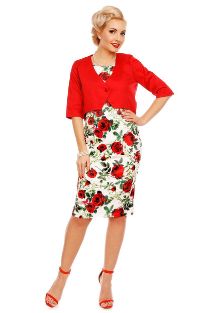 Naomi Floral Rose Scoop Back Pencil Dress in White-Red