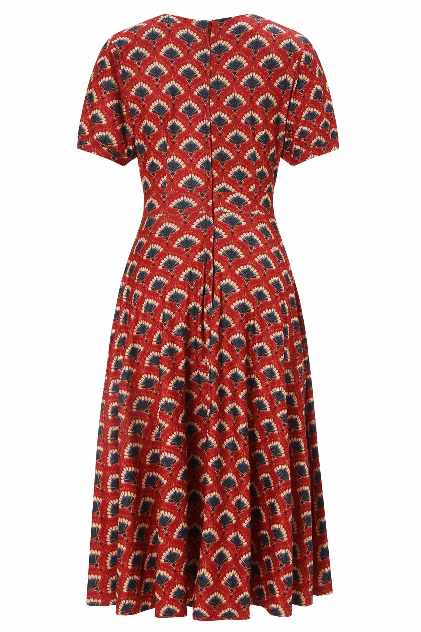 Julia 40s Feather Fan Midi Dress In Brick Red