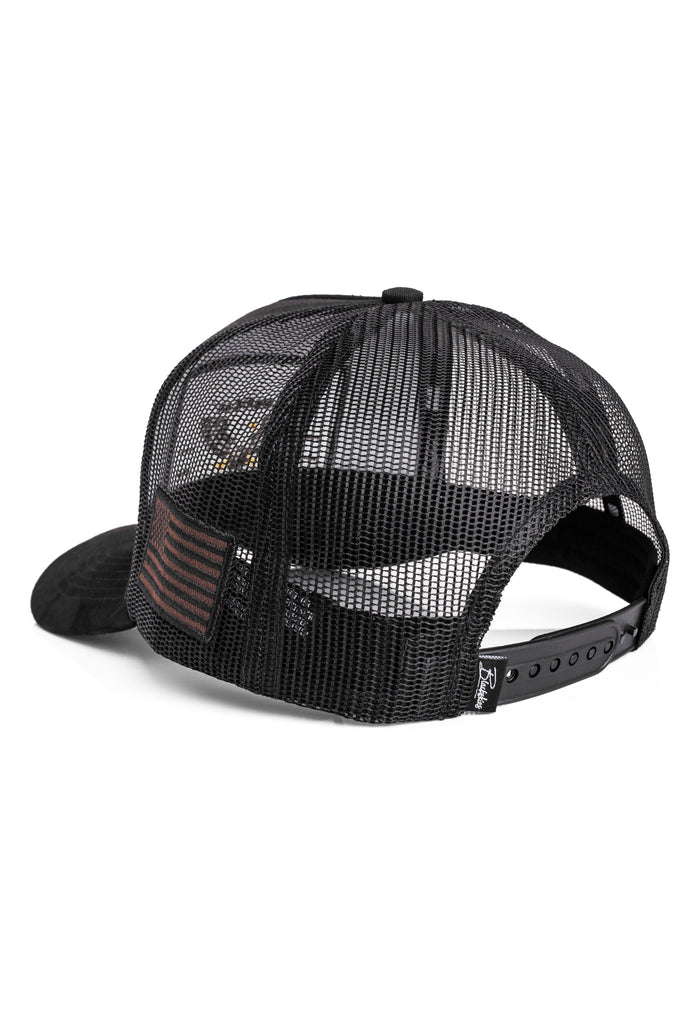 Black mesh cap with a red stripe on a white background