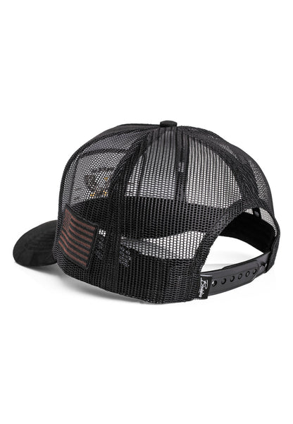 Black mesh cap with a red stripe on a white background