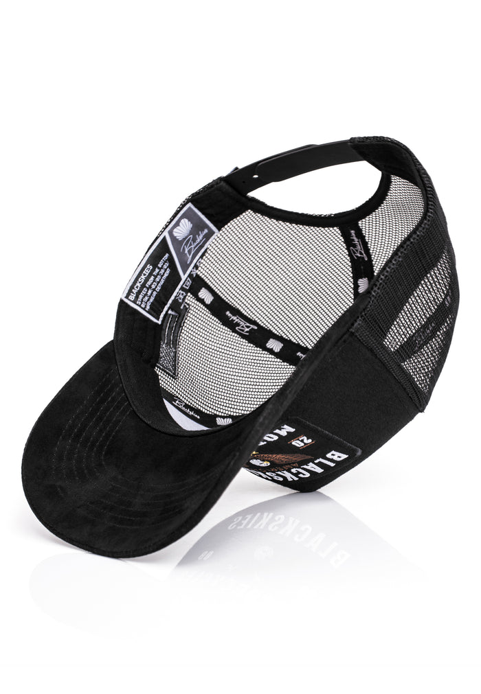 Black mesh cap with branding on a white background