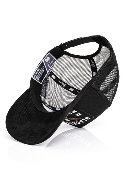 Black mesh cap with branding on a white background