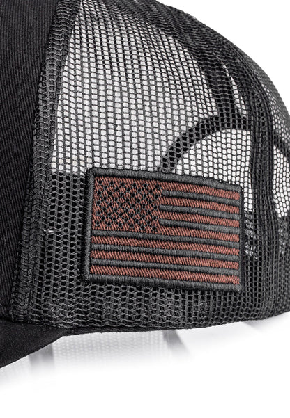 Black mesh cap with American flag patch on a white background